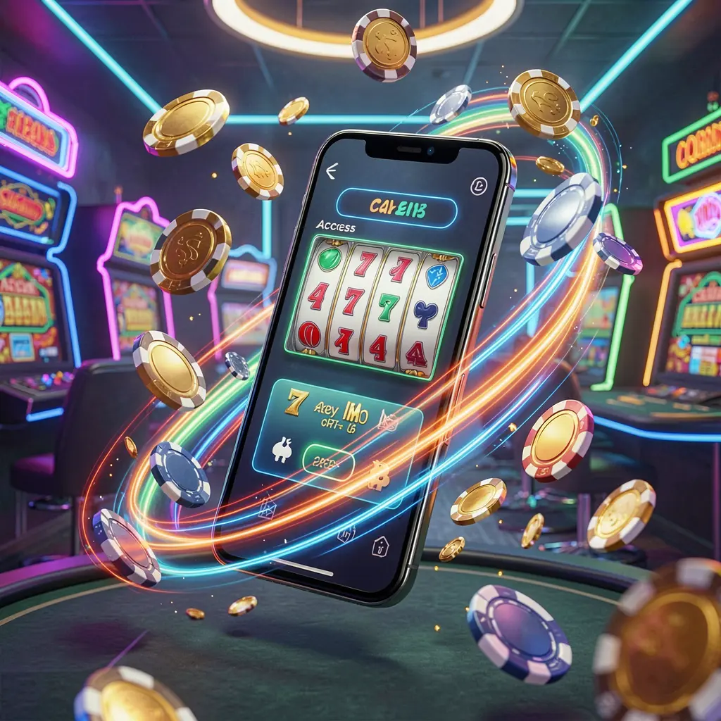 8999ok fast casino app access visual showing a smartphone with speed light trails, coins and chips flying around against a modern neon casino background in a dynamic 3D render