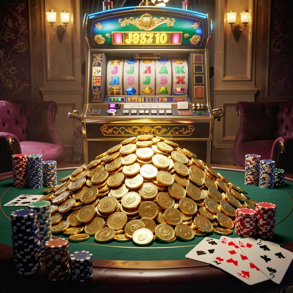 8999ok online casino jackpot bonus scene with a massive pile of golden coins, slot machine in the background, glowing jackpot lights, poker chips and playing cards on a luxury table under dramatic cinematic lighting