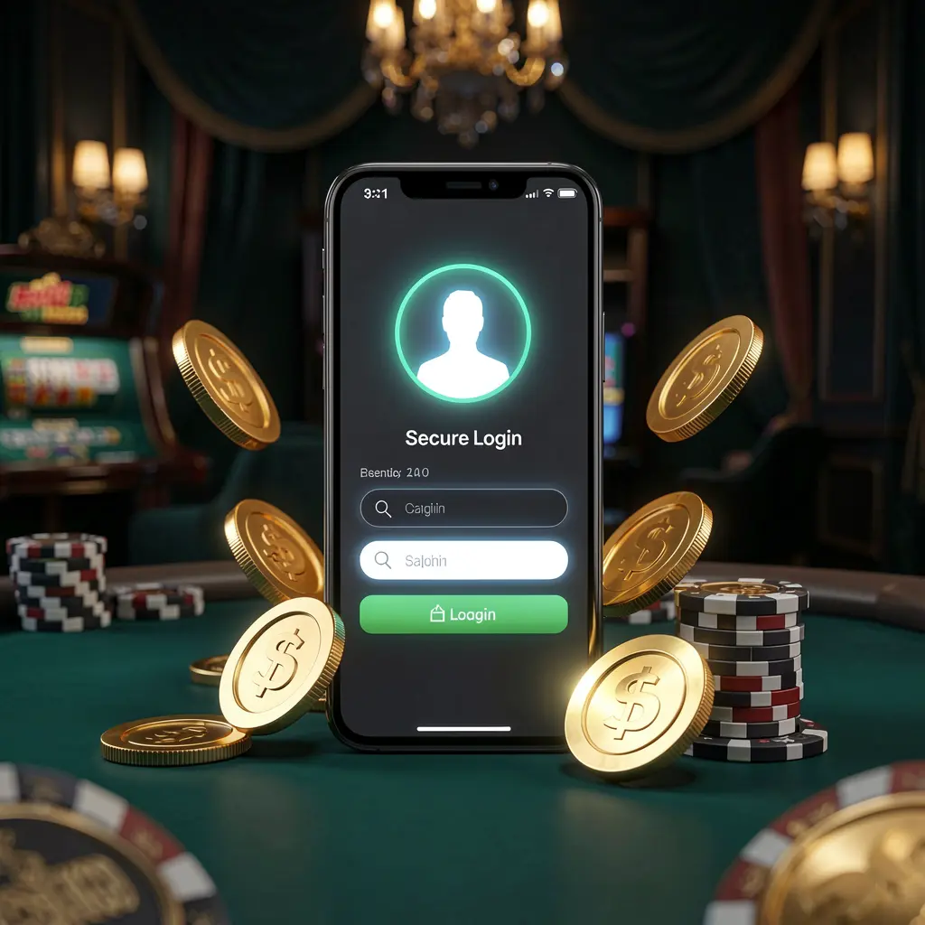 8999ok online casino login page hero banner featuring a modern smartphone with a secure login screen, glowing user profile icon, golden coins and poker chips on a dark luxury background