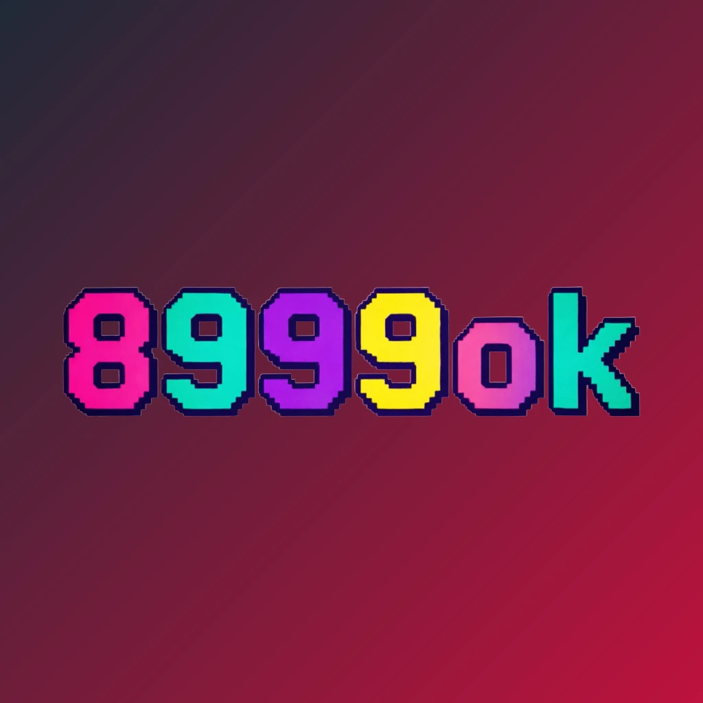 Bold arcade-style 8999ok logo with chunky retro typography in bright pink, turquoise, yellow, and purple colors, creating a vibrant gaming atmosphere on a transparent background