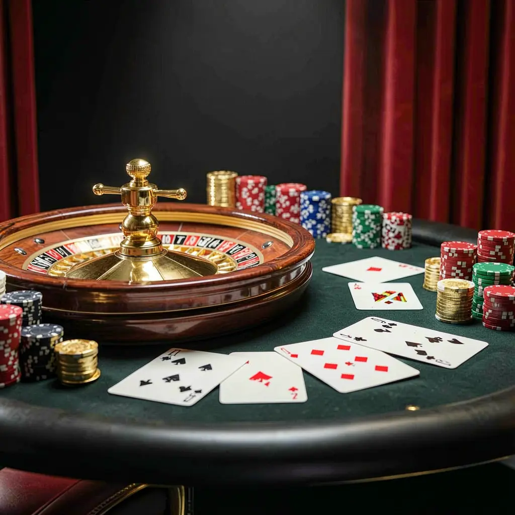 Elegant online casino gaming table featuring roulette, blackjack cards, poker chips, and coins with luxury cinematic lighting on a black and red background, showcasing 8999ok's responsible gaming platform